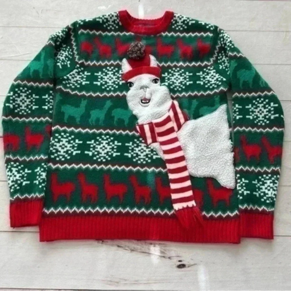 Christmas Sweater Size S Fair Isle Llama with PomPom Scarf Long Sleeve U… - Picture 1 of 9